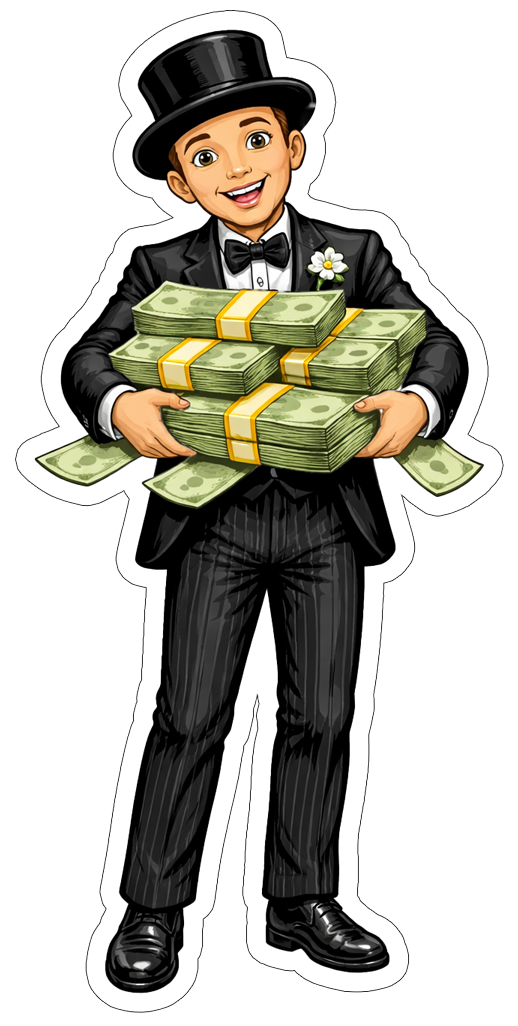 Cartoon groom holding stacks of money, grinning