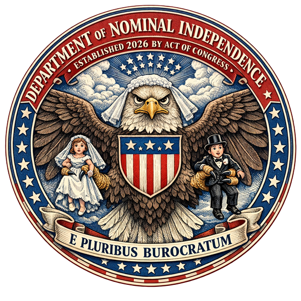 Official seal of the Department of Nominal Independence. E Pluribus Burocratum.